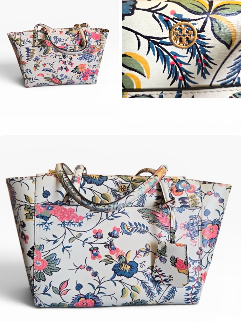 Tory Burch Parker Small Floral Tote Bag Cream Multicolor Leather EUC *Rare Print - Picture 7 of 9